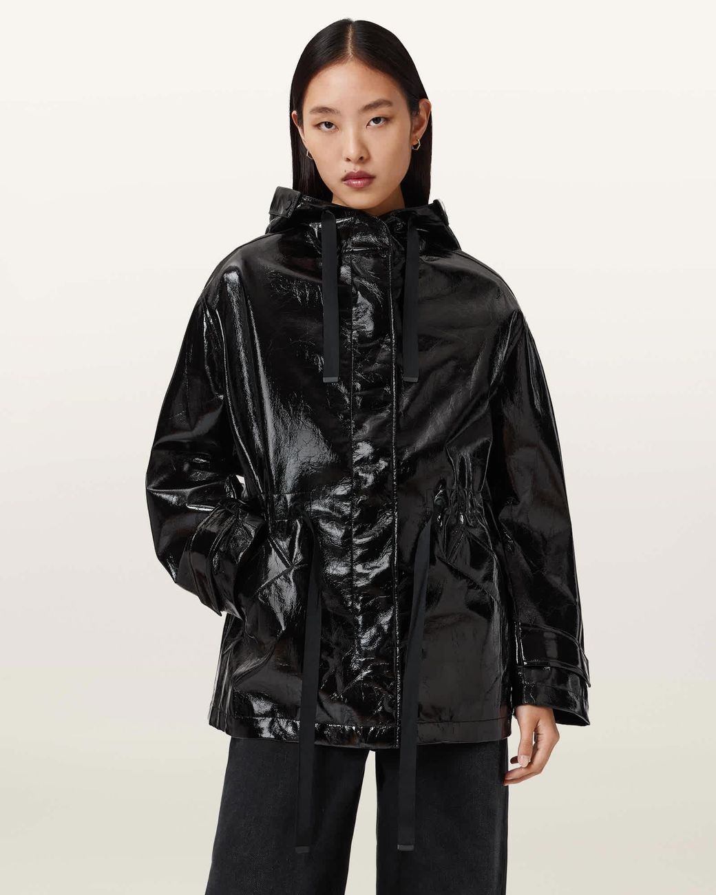 AllSaints Black Kelsie Shine Hooded Jacket