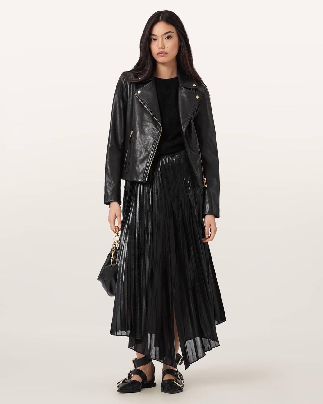 AllSaints Black Polyester Jax Pleated Midi Skirt, /Us 2