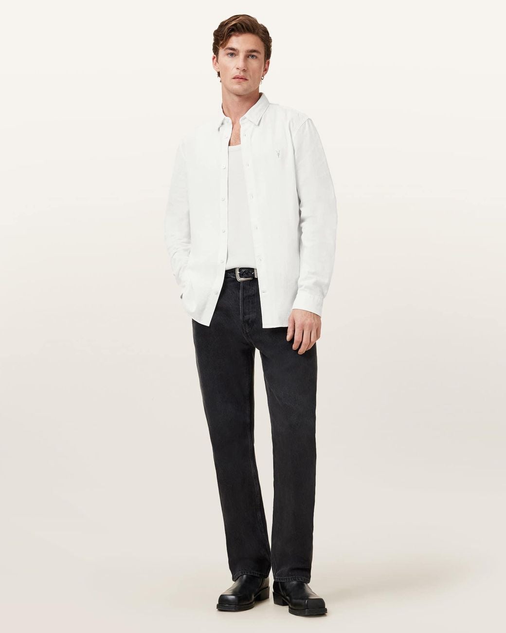 AllSaints White Lovell Long Sleeve Ramskull Shirt for men