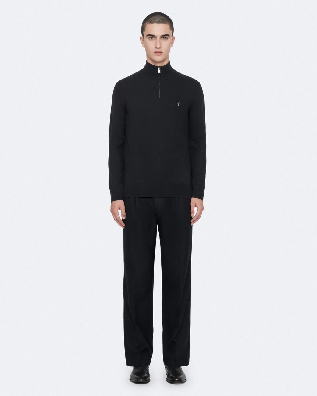 AllSaints Black Kilburn Zip Funnel Neck Ramskull Jumper for men