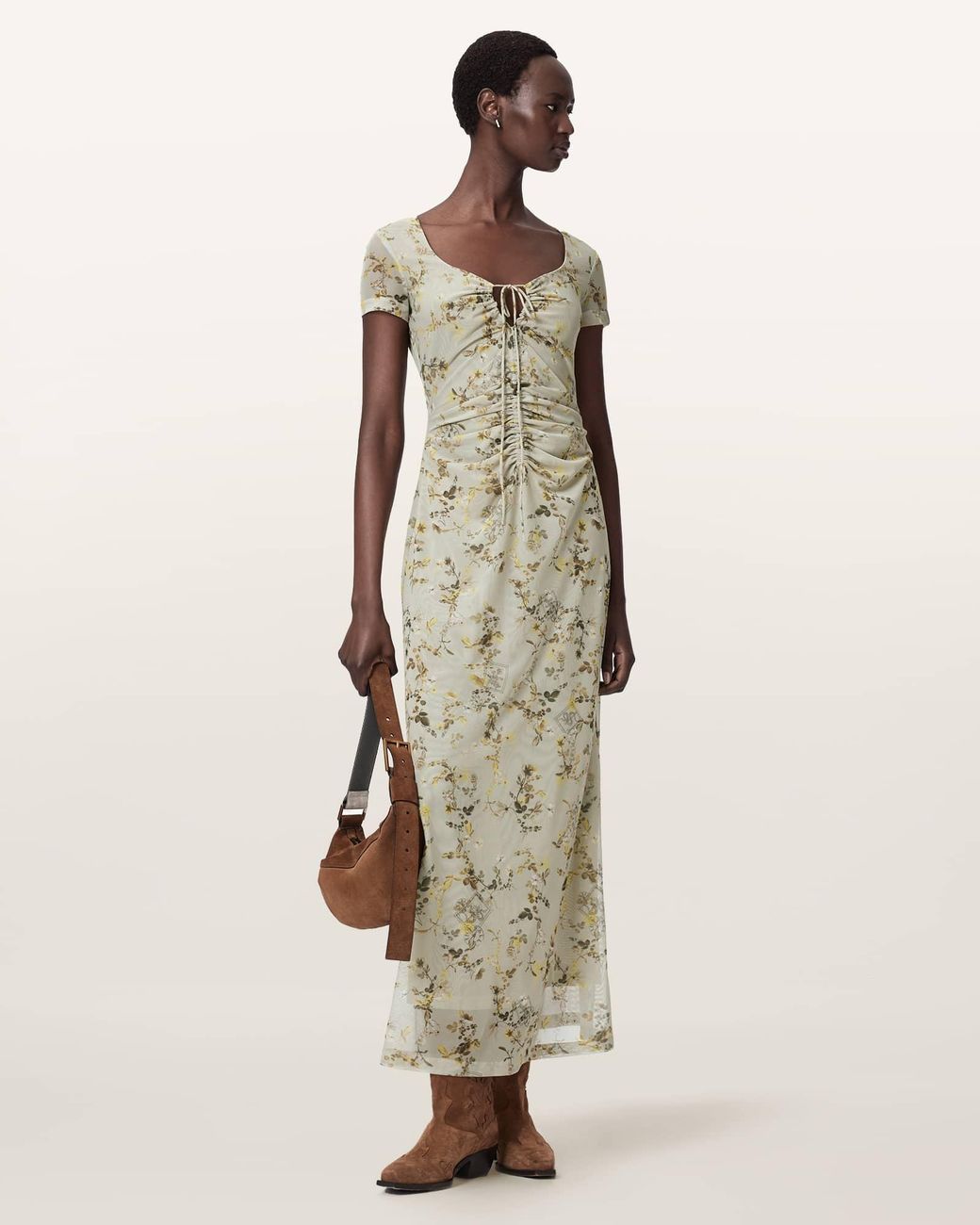 AllSaints Natural Gabby Floral Print Mesh Maxi Dress
