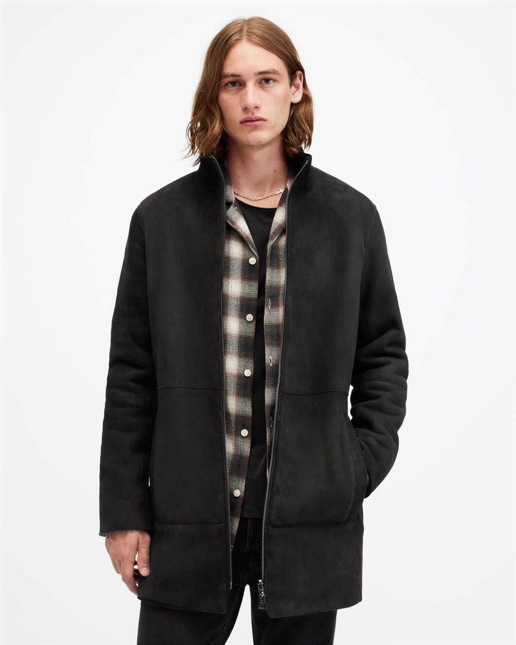 AllSaints Black Stride Funnel Neck Shearling Coat,, Twilight for men