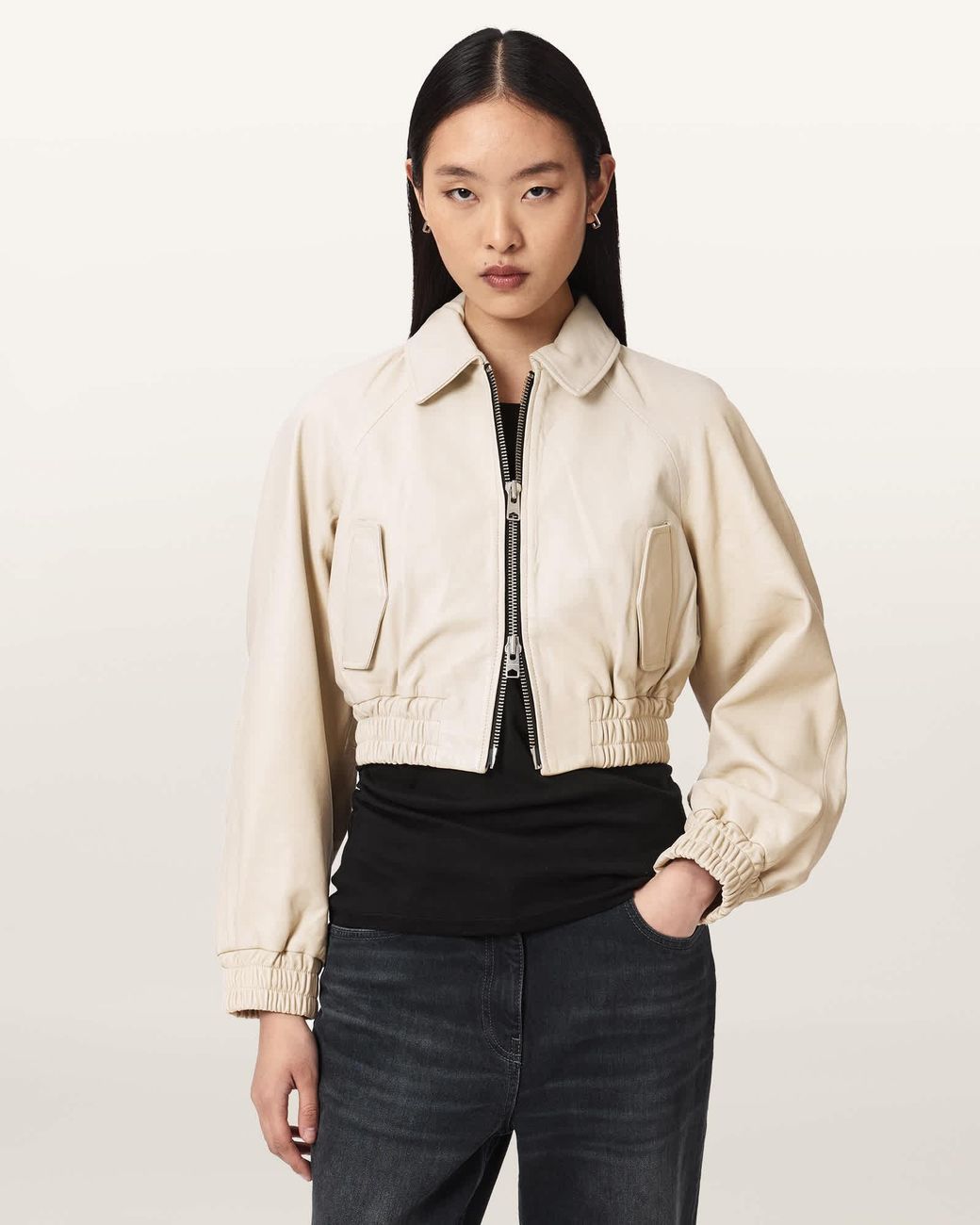 AllSaints Natural Anouk Cropped Leather Bomber Jacket