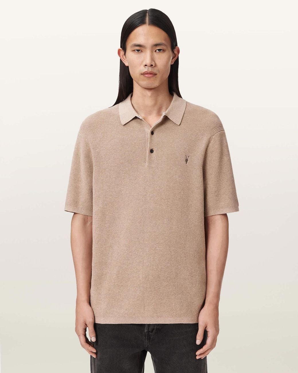AllSaints Natural Aspen Waffle Texture Ramskull Polo Shirt for men
