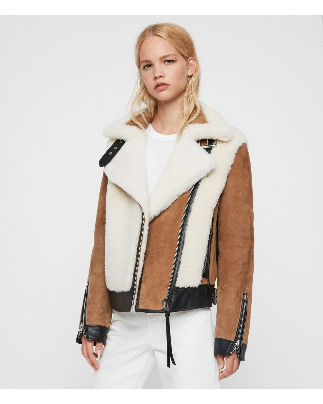 AllSaints Elisa Genuine Shearling & Leather Coat in White | Lyst