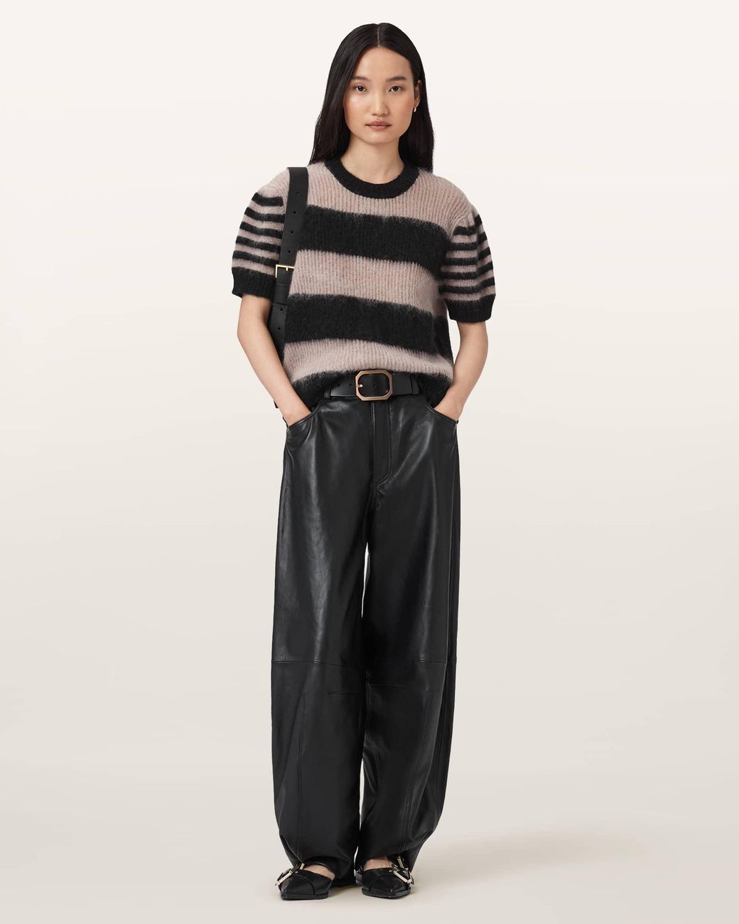 AllSaints Black Clem Striped Knitted T-Shirt