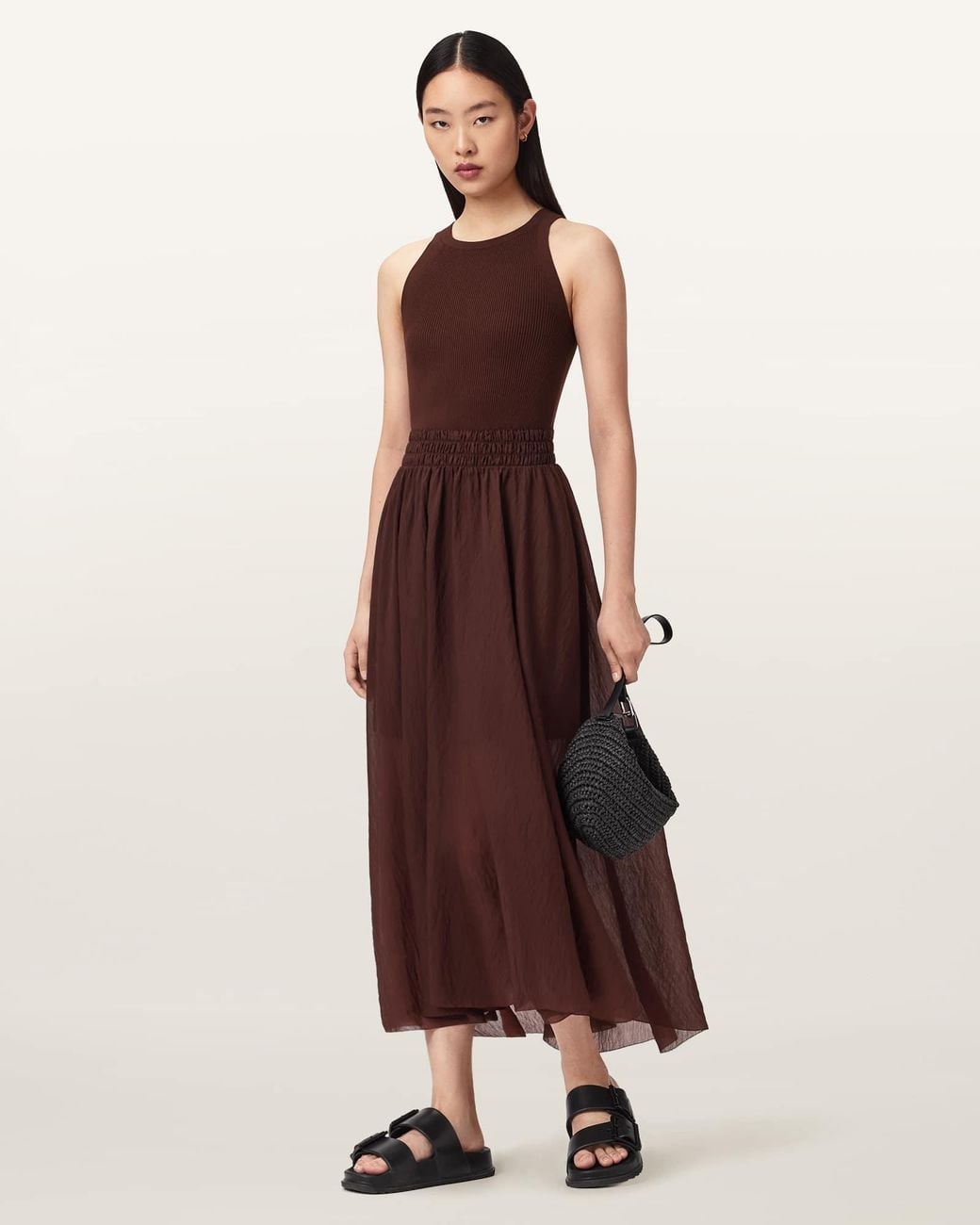 AllSaints Brown Zenia Sleeveless Asymmetric Midi Dress