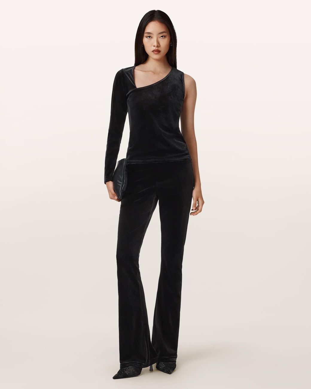 AllSaints Black Polyester Zanni Velvet Flare Trousers, /Us 2