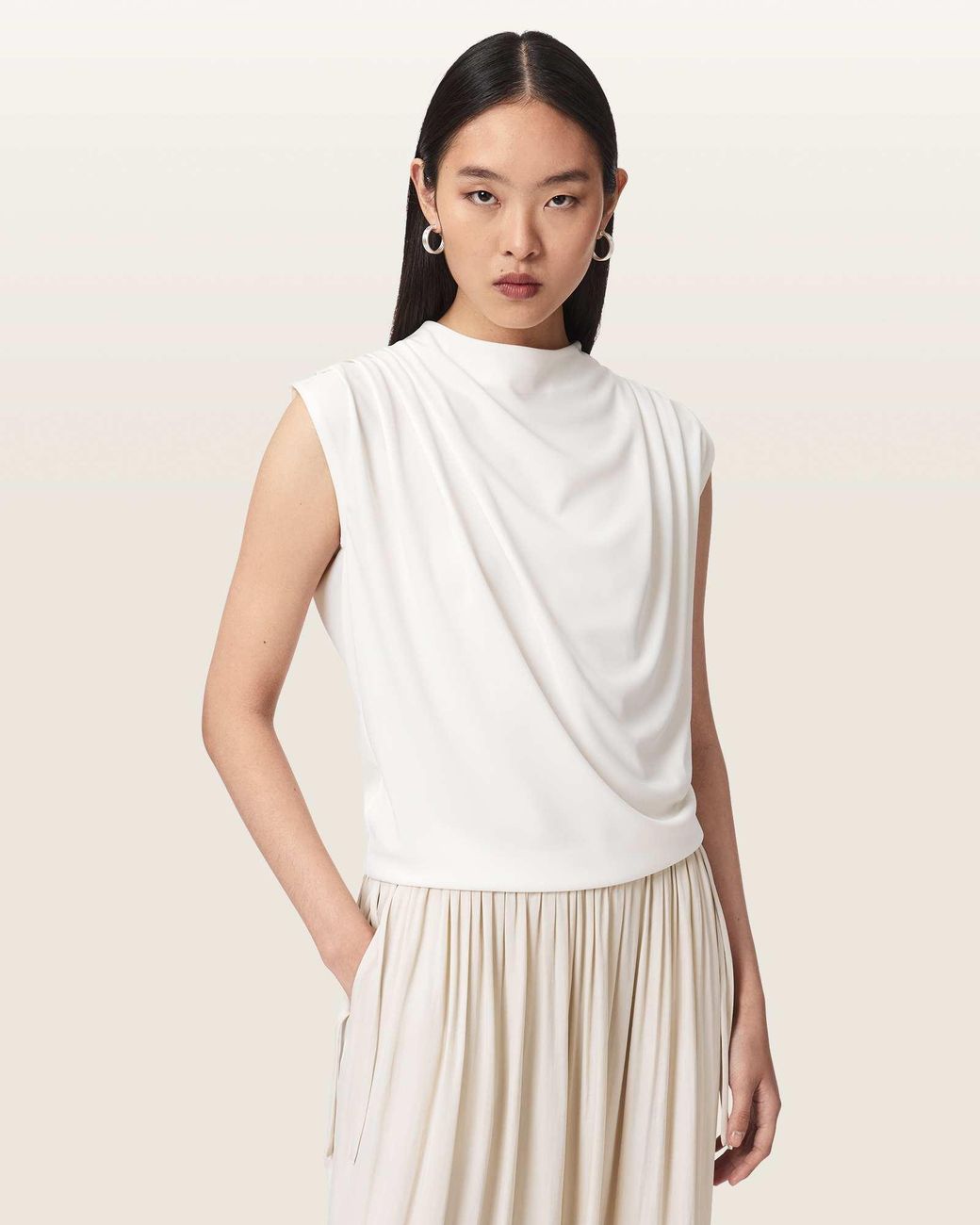 AllSaints White Emerson Sleeveless Pleated Top