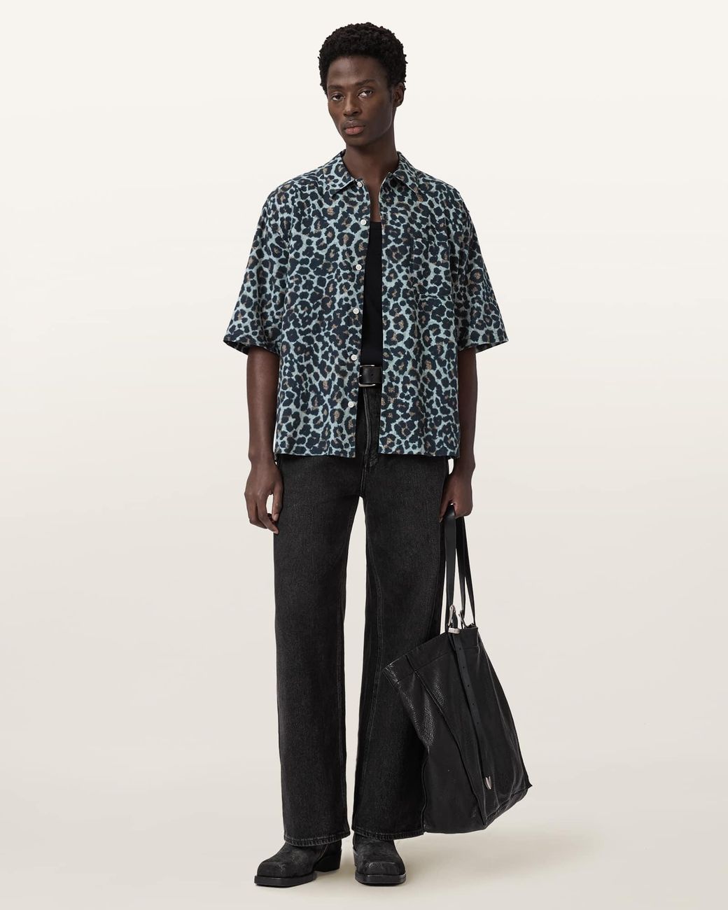AllSaints Blue Silesia Short Sleeve Leopard Print Shirt for men