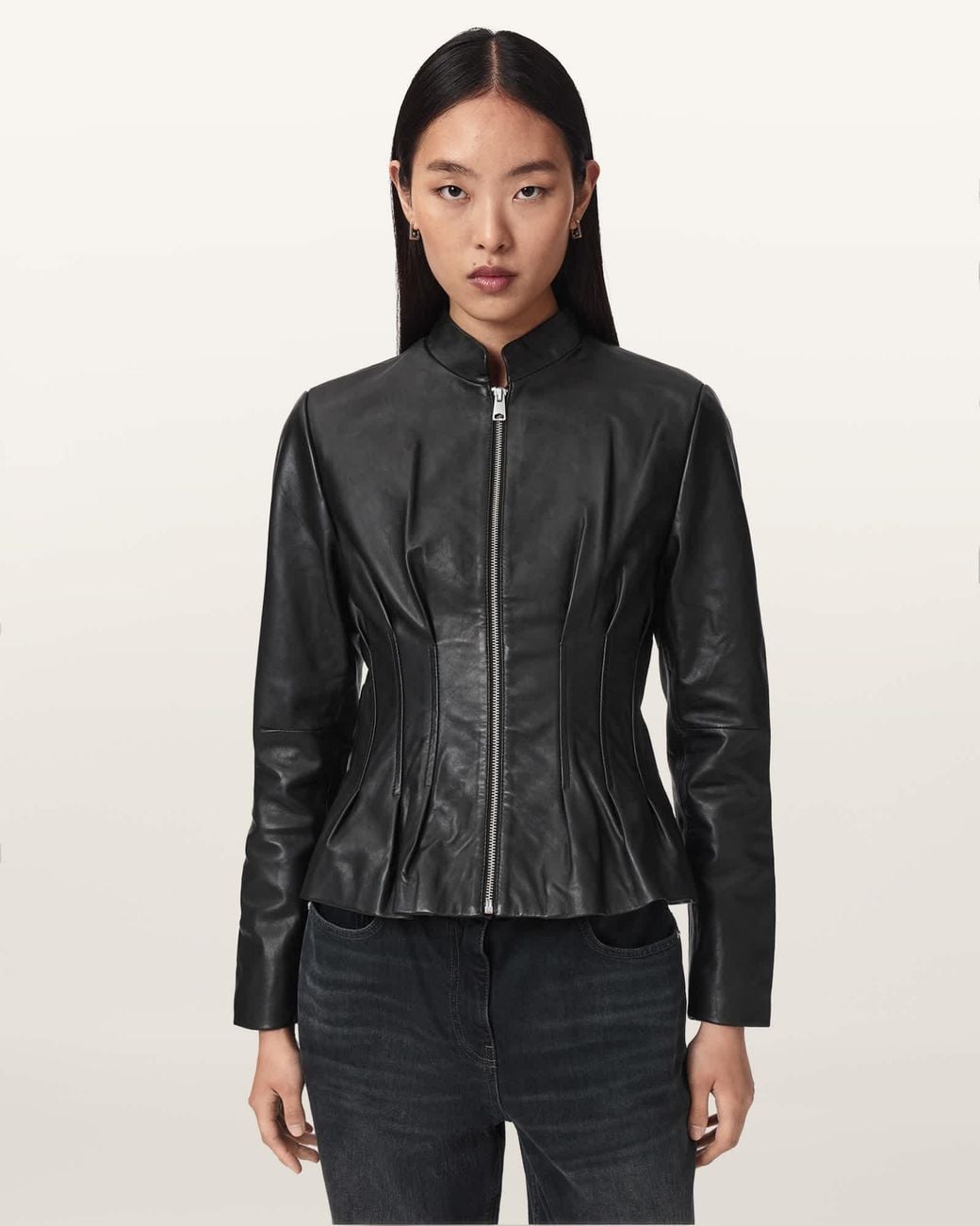 AllSaints Black Clo Pleated Leather Jacket