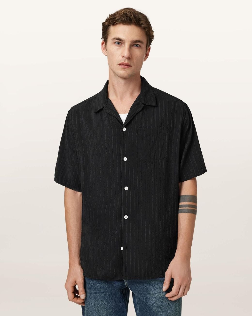 AllSaints Black Perry Short Sleeve Striped Shirt for men