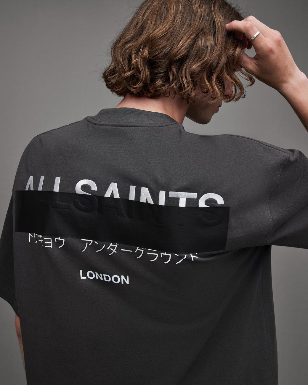 AllSaints Redact Oversized Embroidered Logo T-Shirt,, Washed