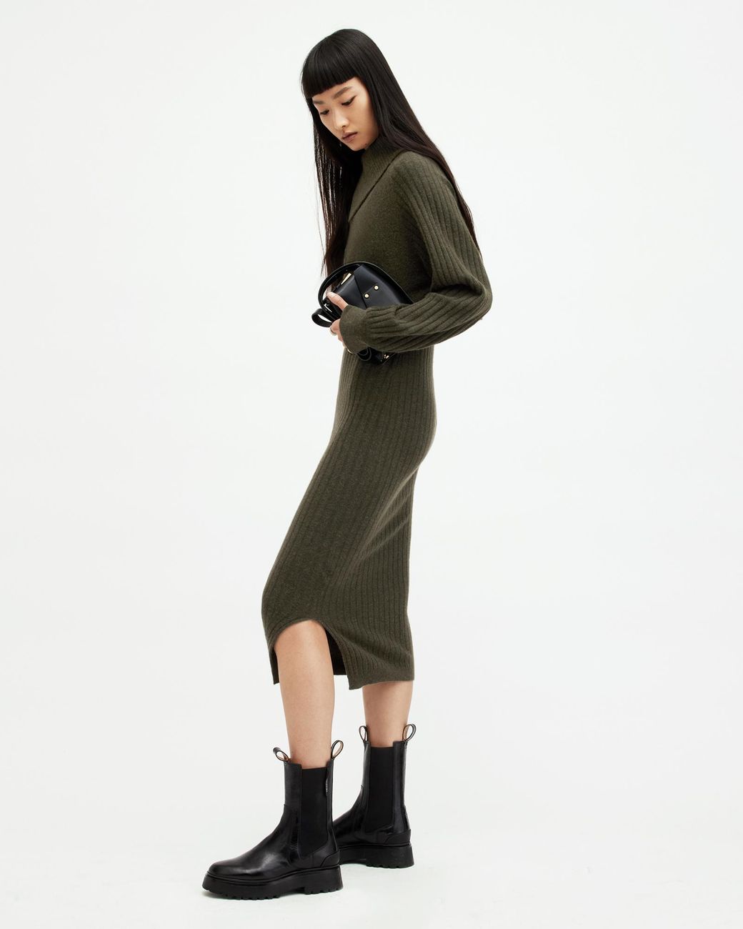 AllSaints Margetta 2-In-1 Ribbed Midi Dress in Green | Lyst