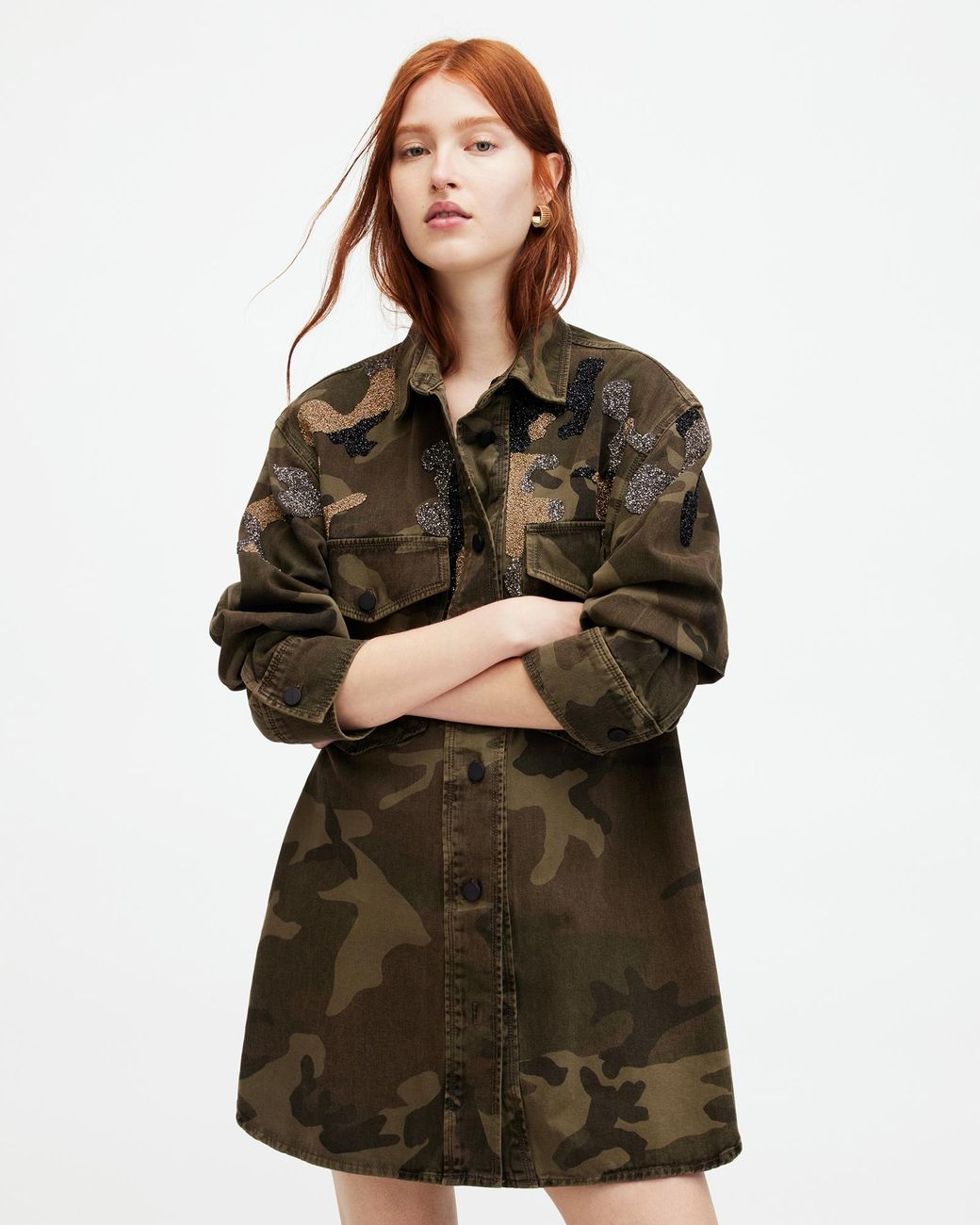 AllSaints Lily Oversized Camouflage Shacket Dress in Natural Lyst