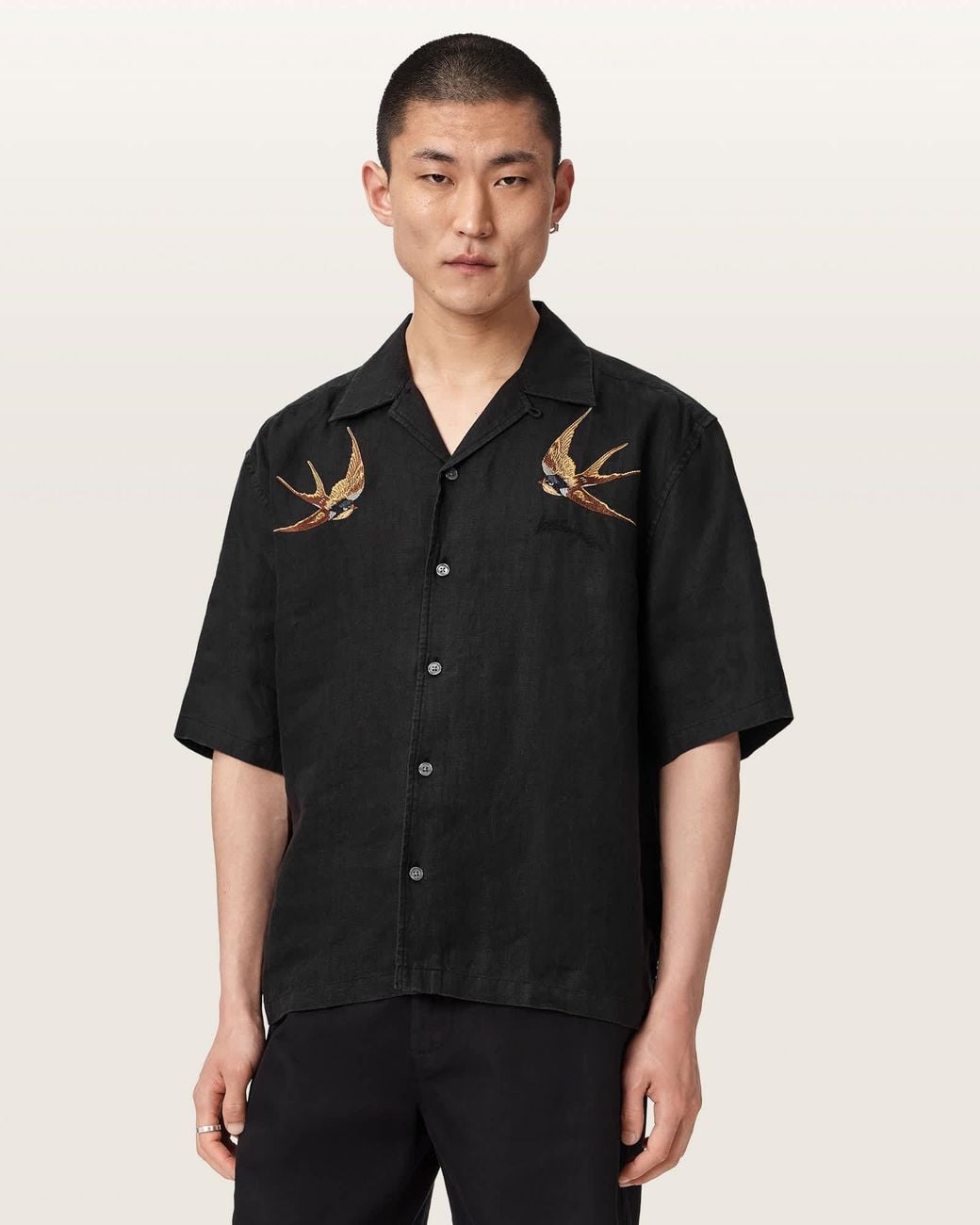AllSaints Black Avia Short Sleeve Embroidered Linen Shirt for men