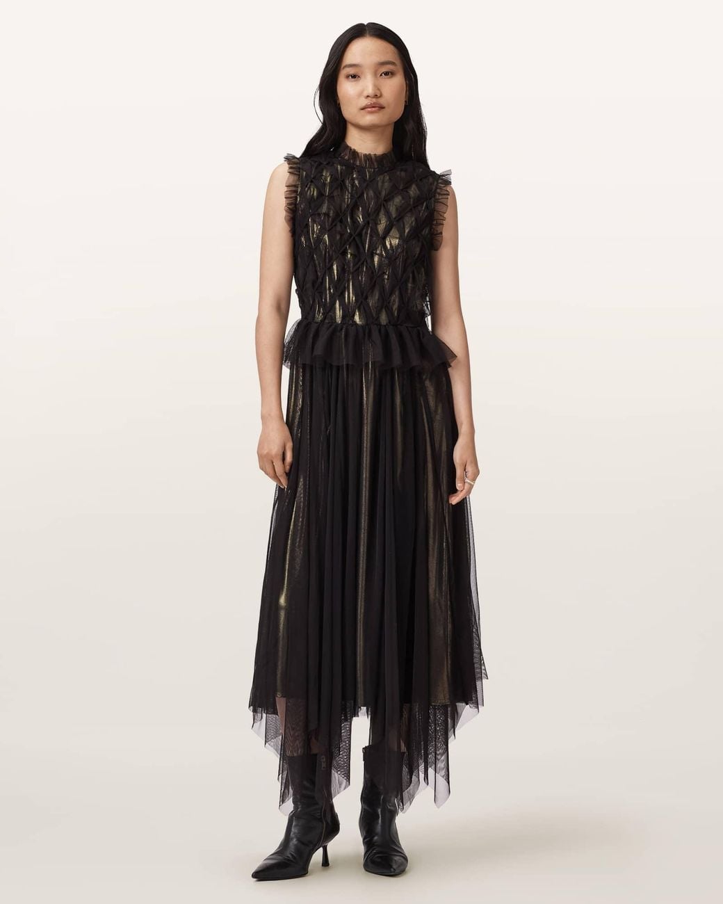 AllSaints Black Polyester Lola Metallic Midi Dress, /Us 0