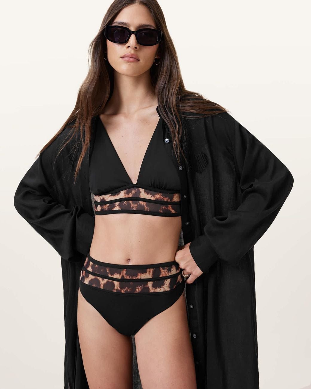 AllSaints Black Xalia Leopard Print Bikini Bottoms