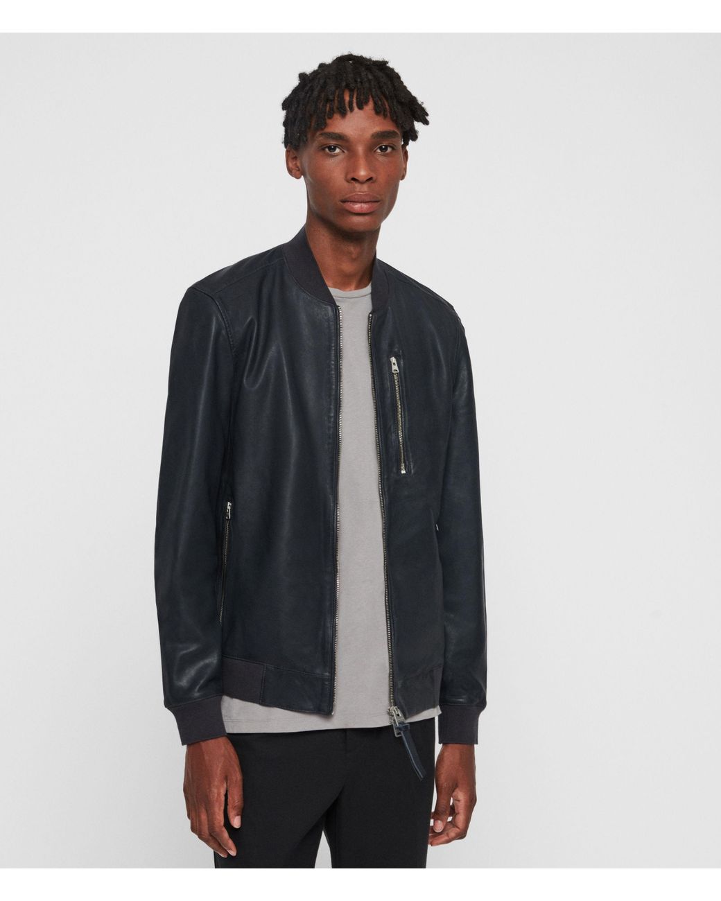 AllSaints Kino Leather Bomber Jacket in Blue for Men | Lyst Canada