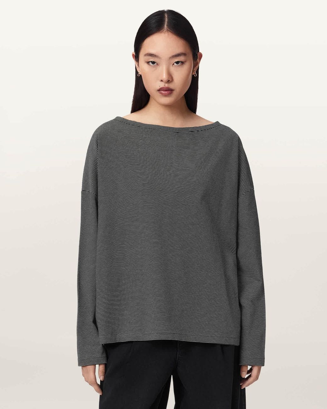 AllSaints Gray Rita Long Sleeve Striped T-Shirt