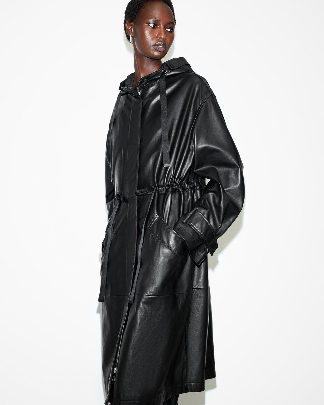 AllSaints Kelsea Funnel Neck Leather Coat in Black | Lyst