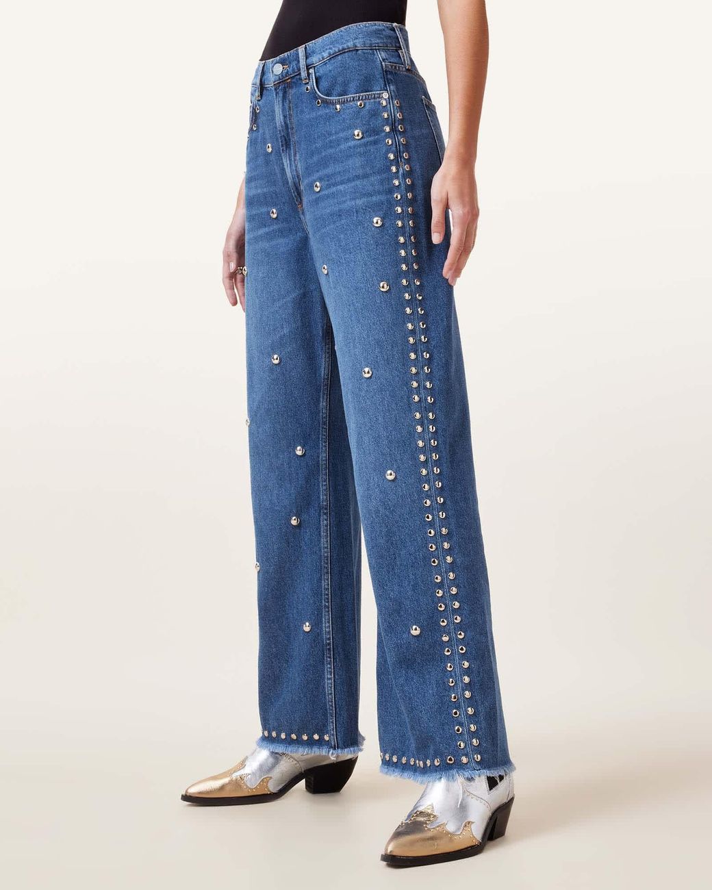 AllSaints Blue Blake Studded Wide Leg Denim Jeans