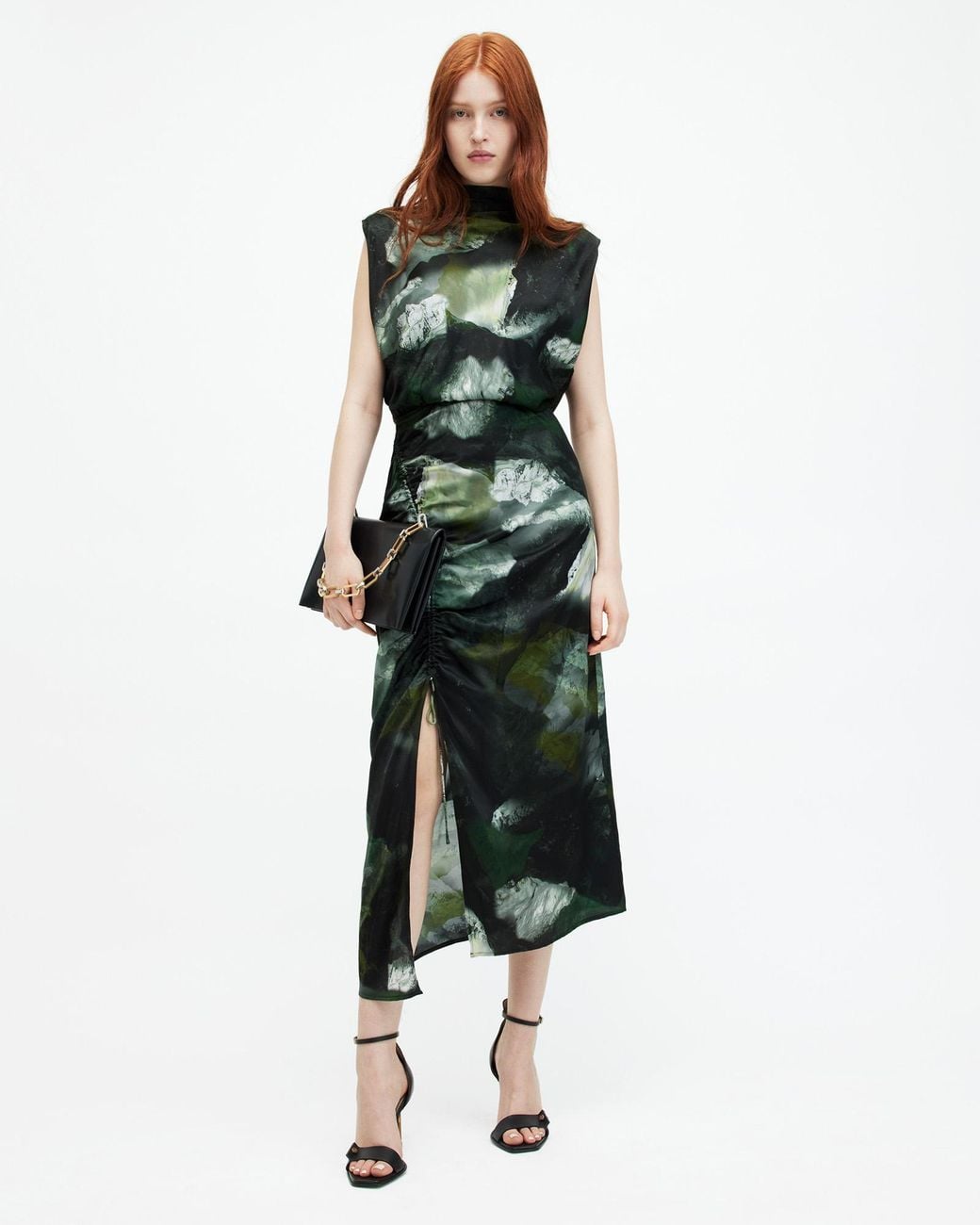 AllSaints Isa Silk Blend Camo Print Midi Dress in Green | Lyst