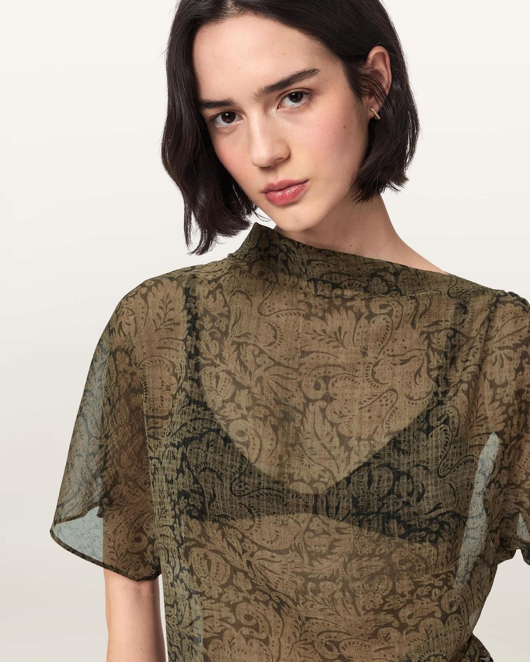 AllSaints Green Polyester Sali Cropped Mesh Top, /Us 2