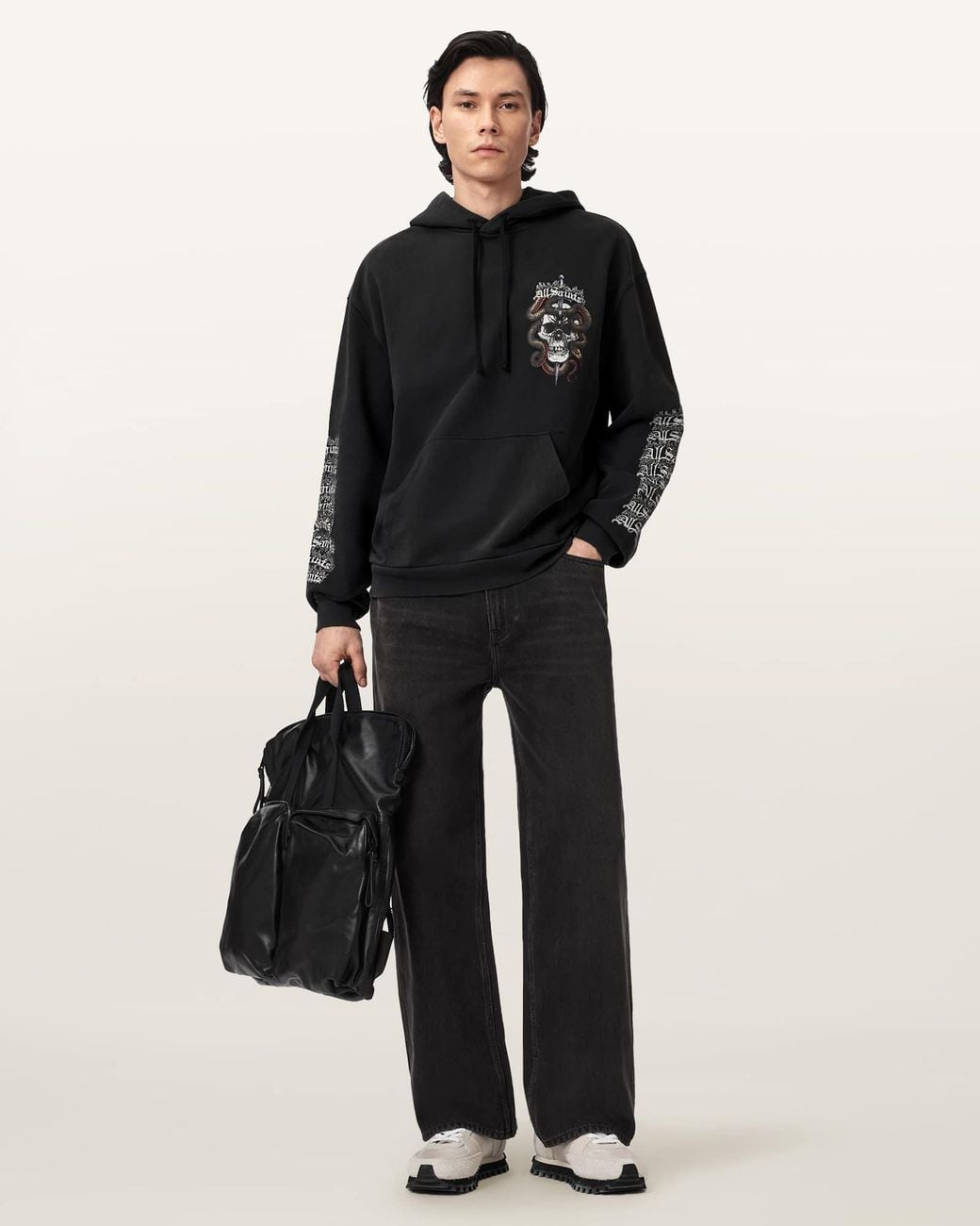 AllSaints Black Araknid Long Sleeve Cotton Hoodie for men