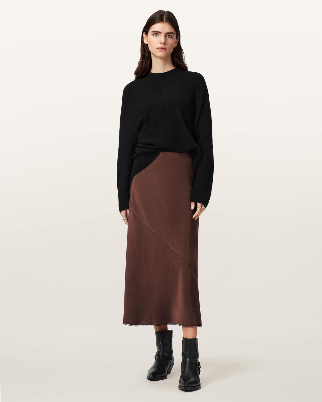 AllSaints Brown Darya Bias Cut Maxi Skirt