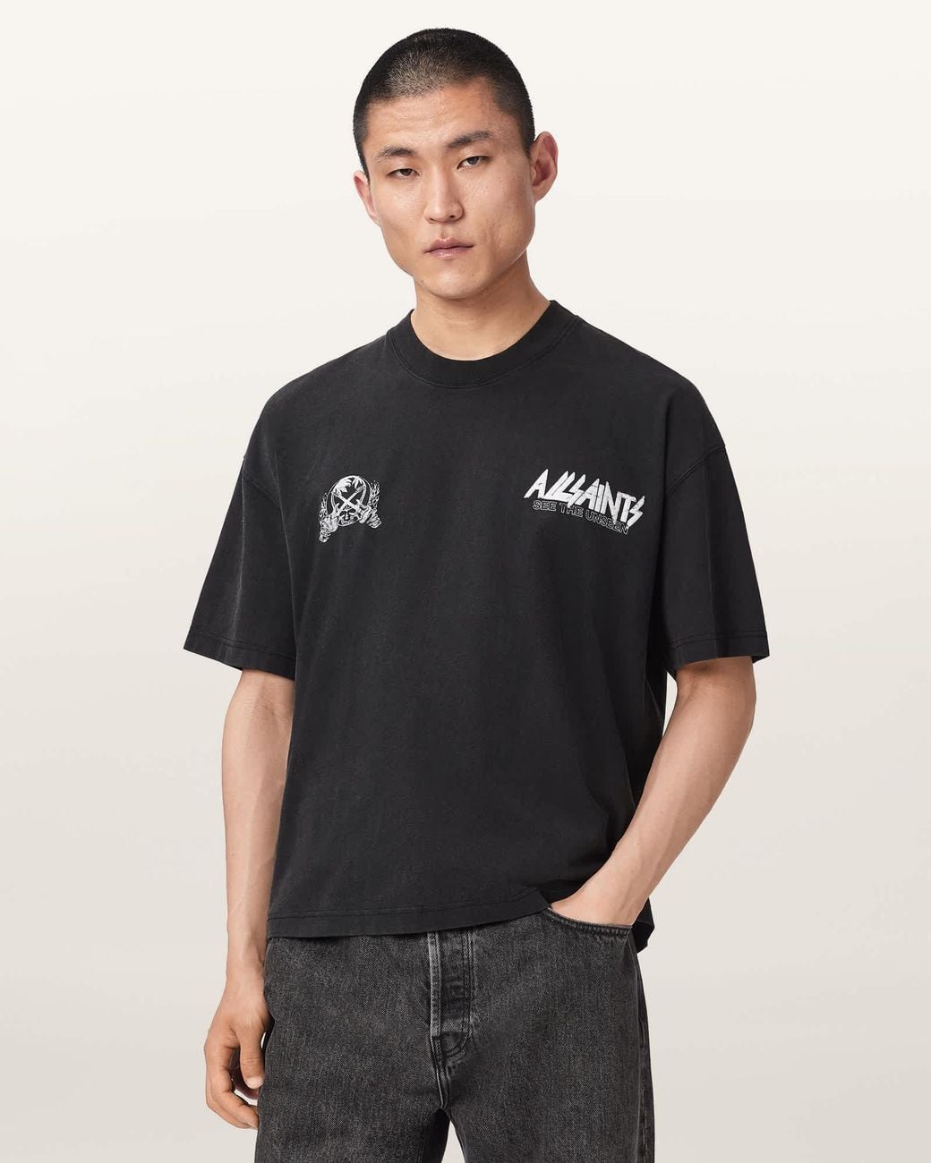 AllSaints Black Chromium Short Sleeve Graphic T-Shirt for men