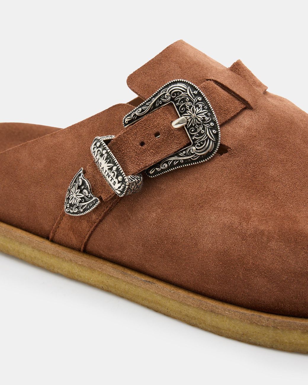 All Saints Men\'s Suede Buckle Slip-On in Chestnut ALLSAINTS Randal Mule Tan Suede Buckle Men main image 4