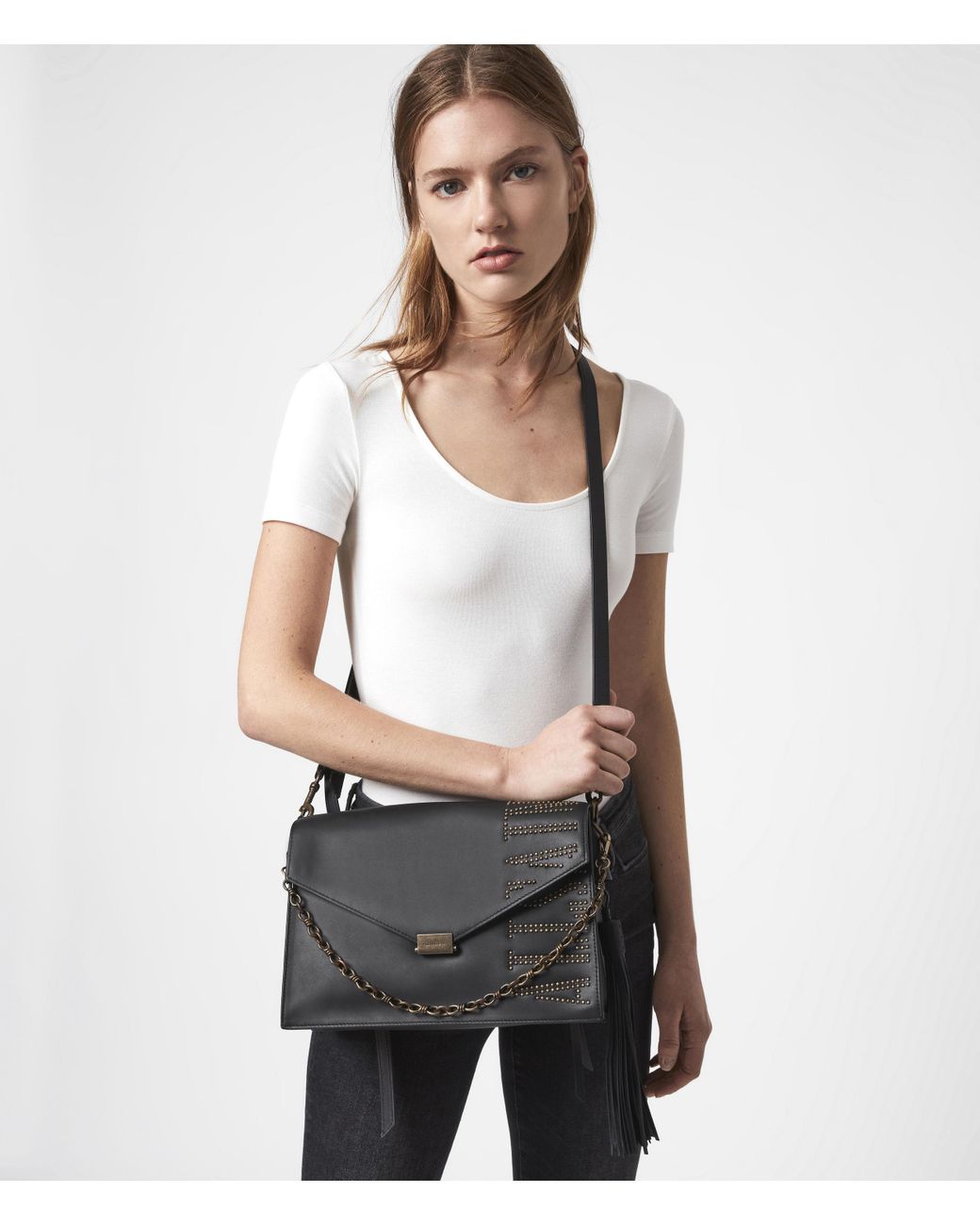 AllSaints Nina Stud Leather Shoulder Bag in Black | Lyst UK