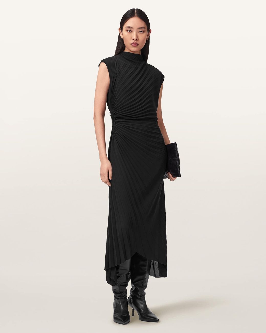 AllSaints Black Rayanna Pleated Midi Dress