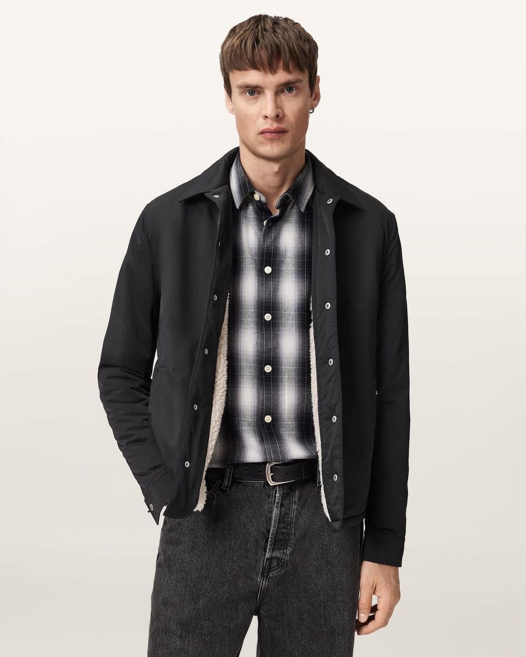 AllSaints Black Longhaul Nylon Shacket for men