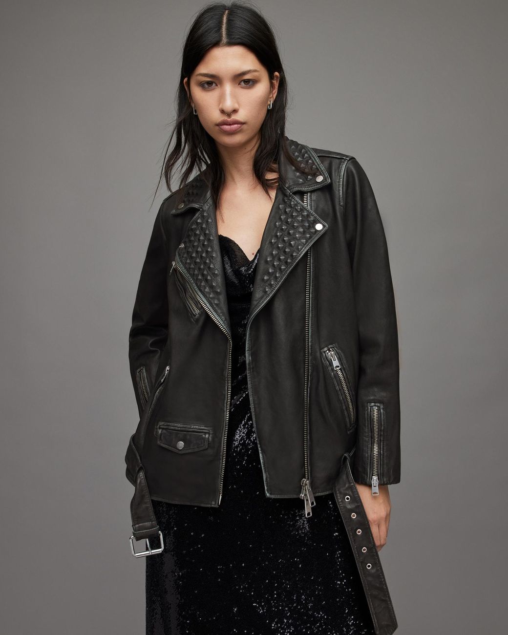 AllSaints Billie Leather Studded Biker Jacket in Gray Lyst