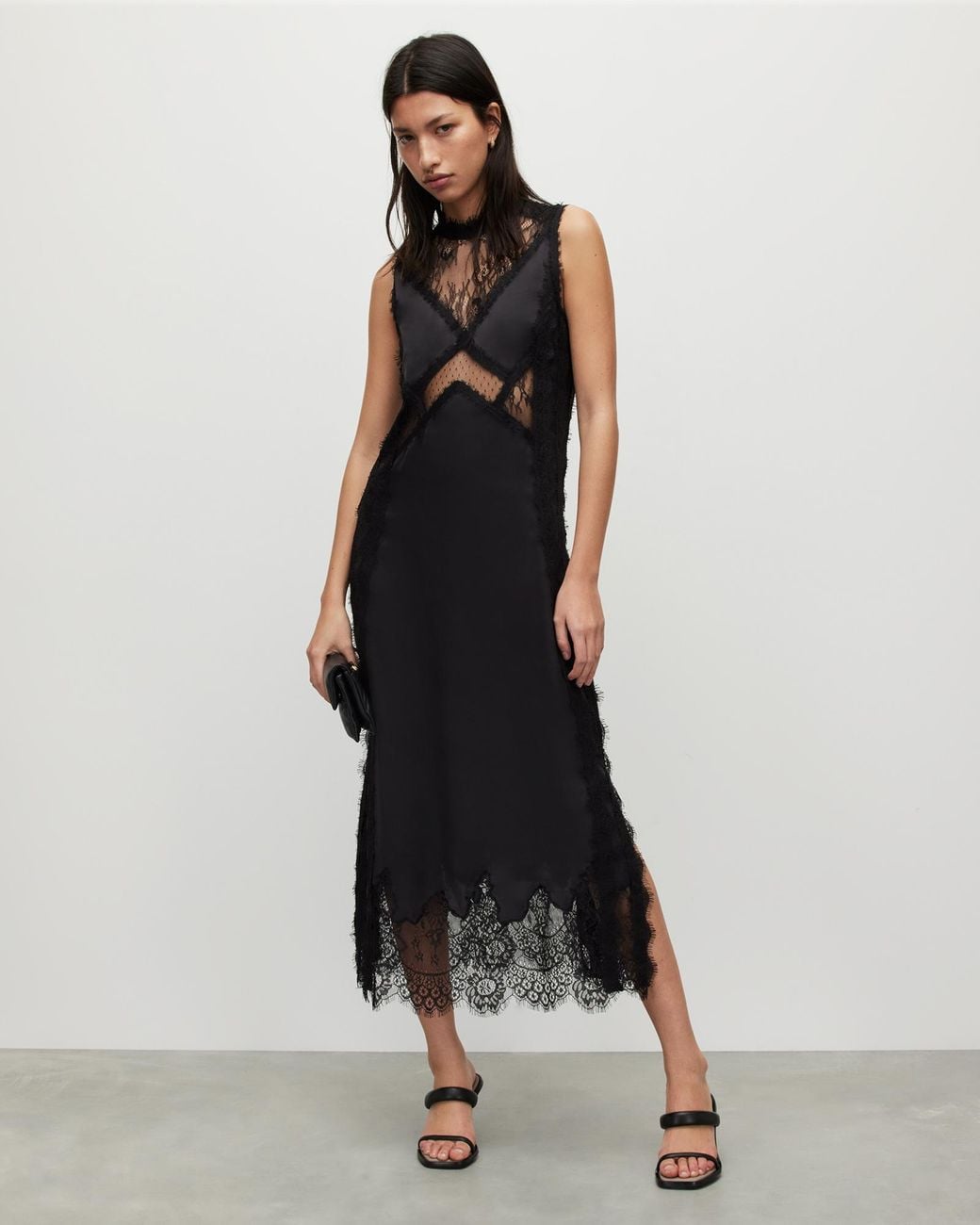 allsaints-mila-lace-panelled-frill-trim-maxi-dress-in-black-lyst