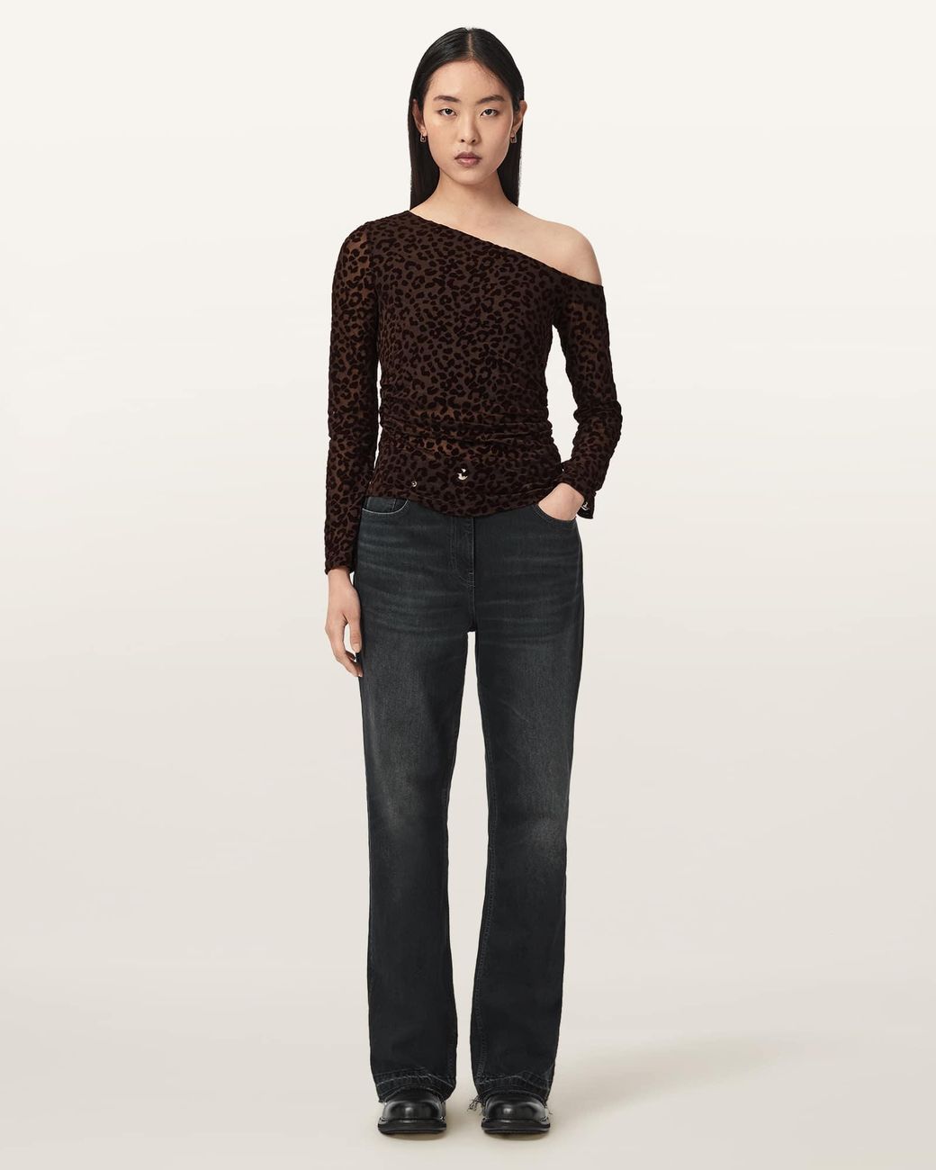 AllSaints Black Mimi Off-The-Shoulder Leopard Mesh Top