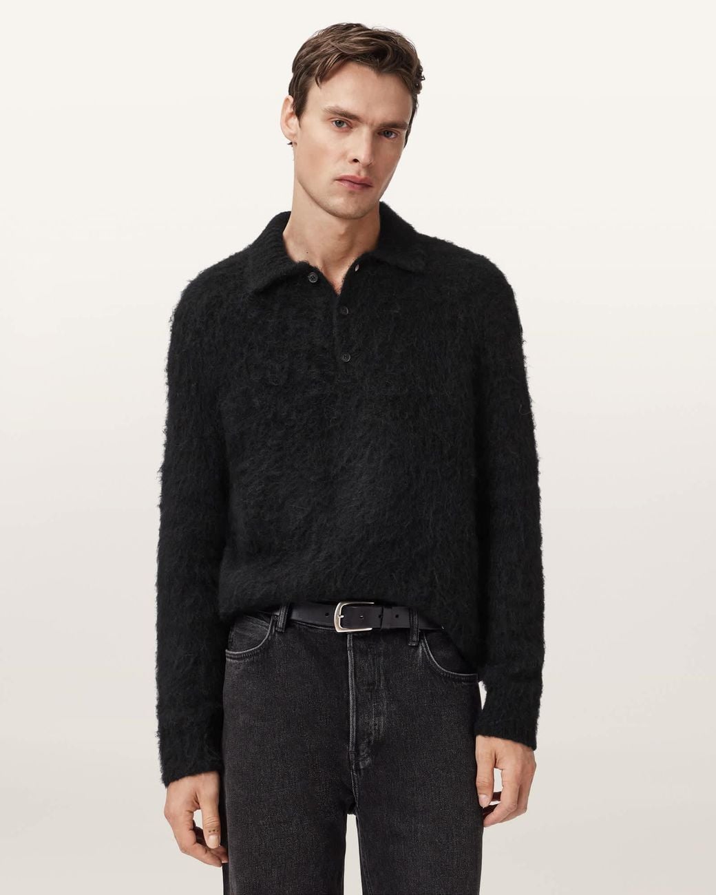 AllSaints Black Sonny Long Sleeve Polo for men