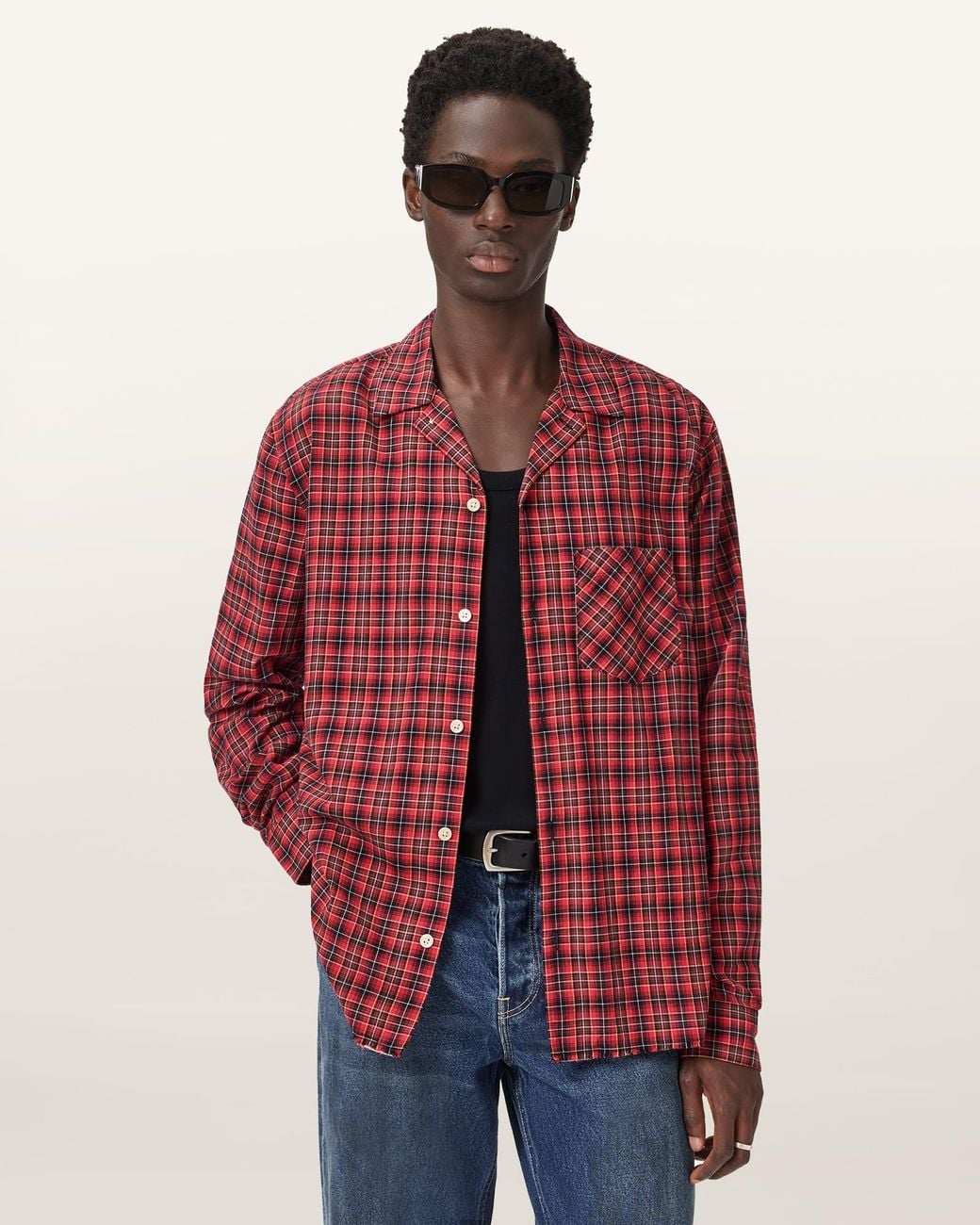 AllSaints Red Felix Check Long Sleeve Shirt for men