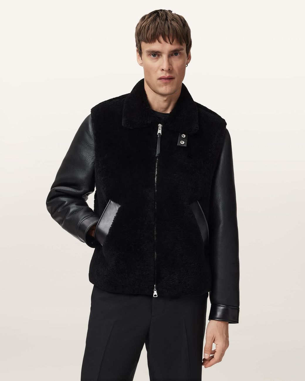 AllSaints Black Conyer Shearling Pilot Jacket for men