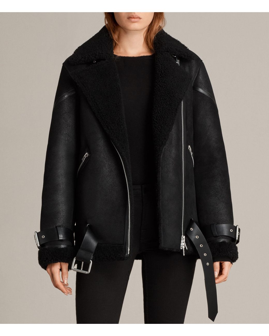 AllSaints Hawley Oversized Shearling Jacket in Black | Lyst