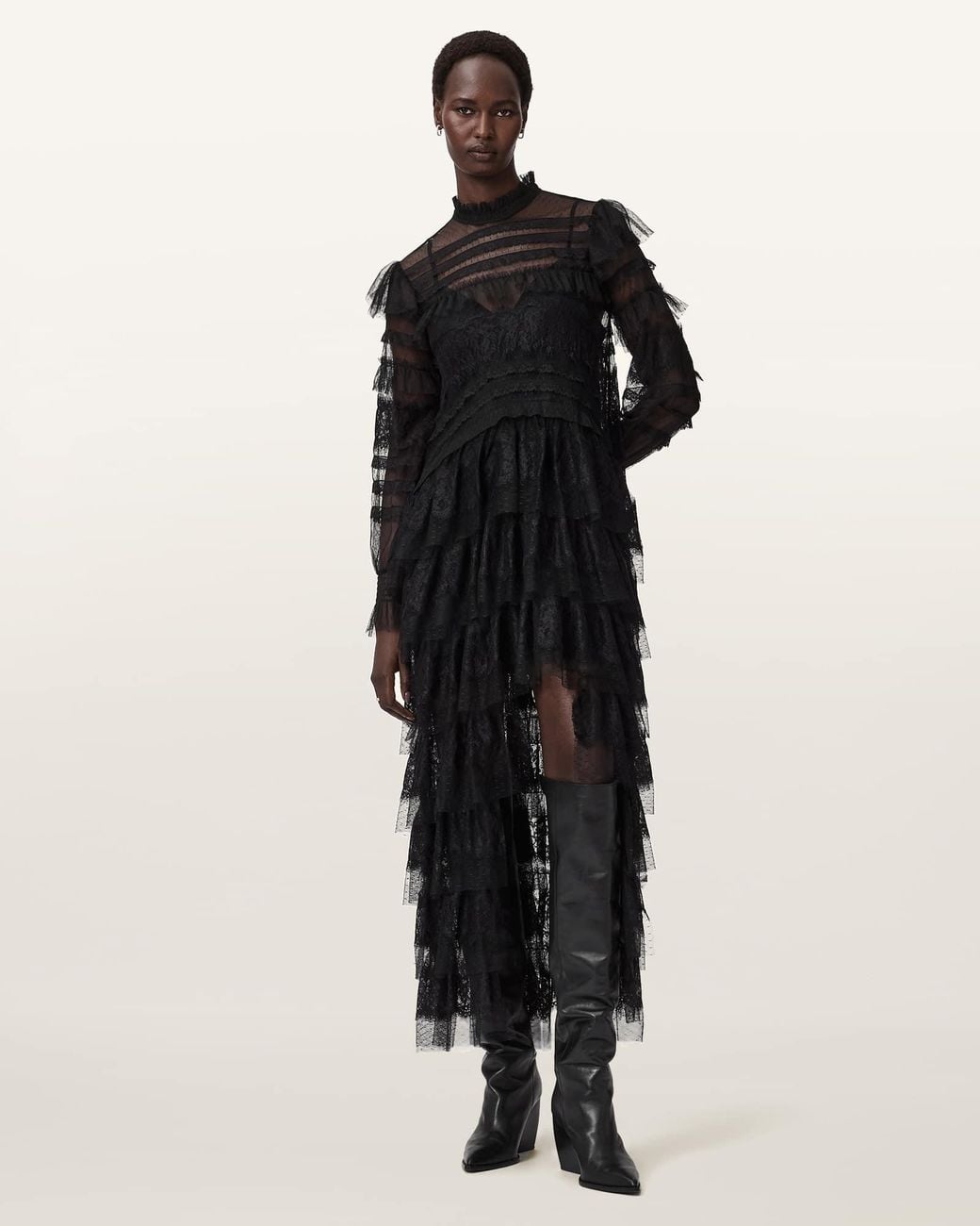 AllSaints Black Cavarly Tiered Lace Maxi Dress