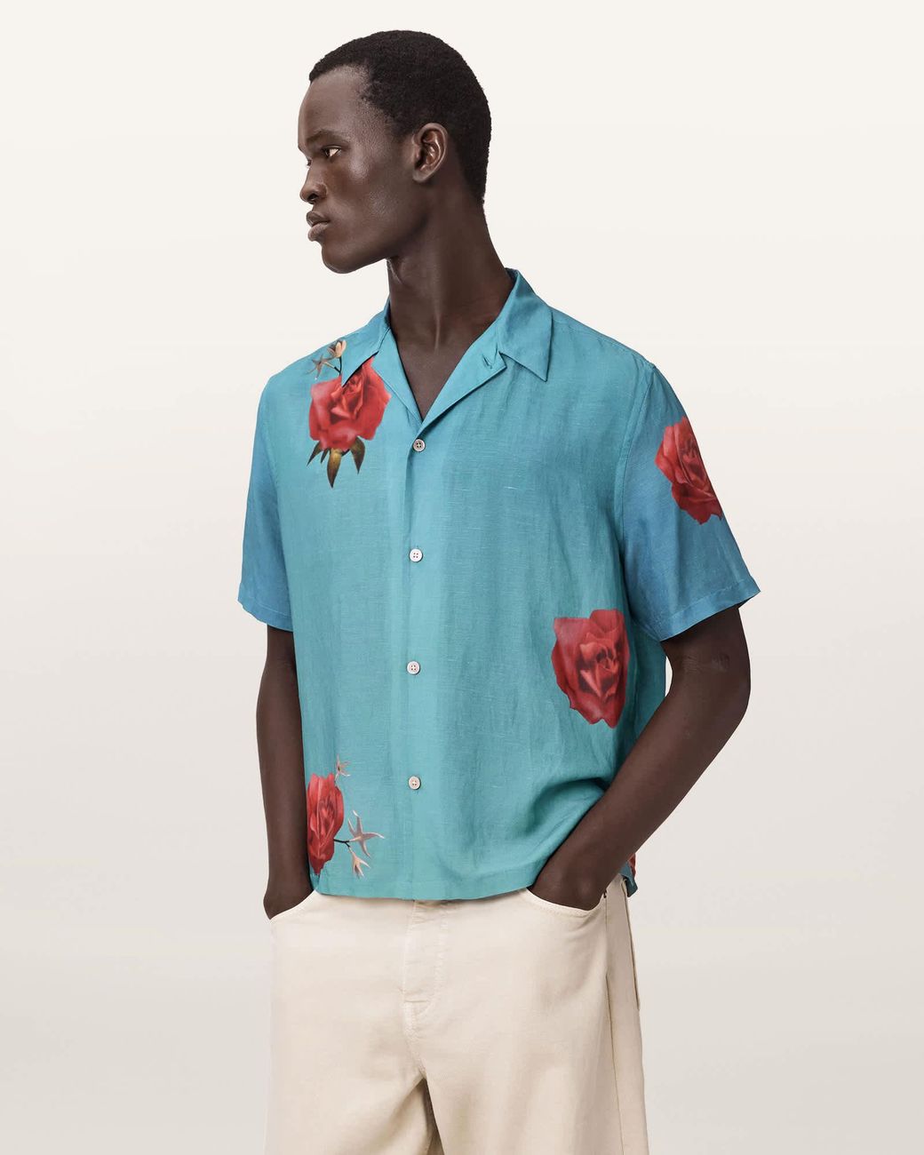 AllSaints Blue Fleur Fazed Boxy Short Sleeve Shirt for men