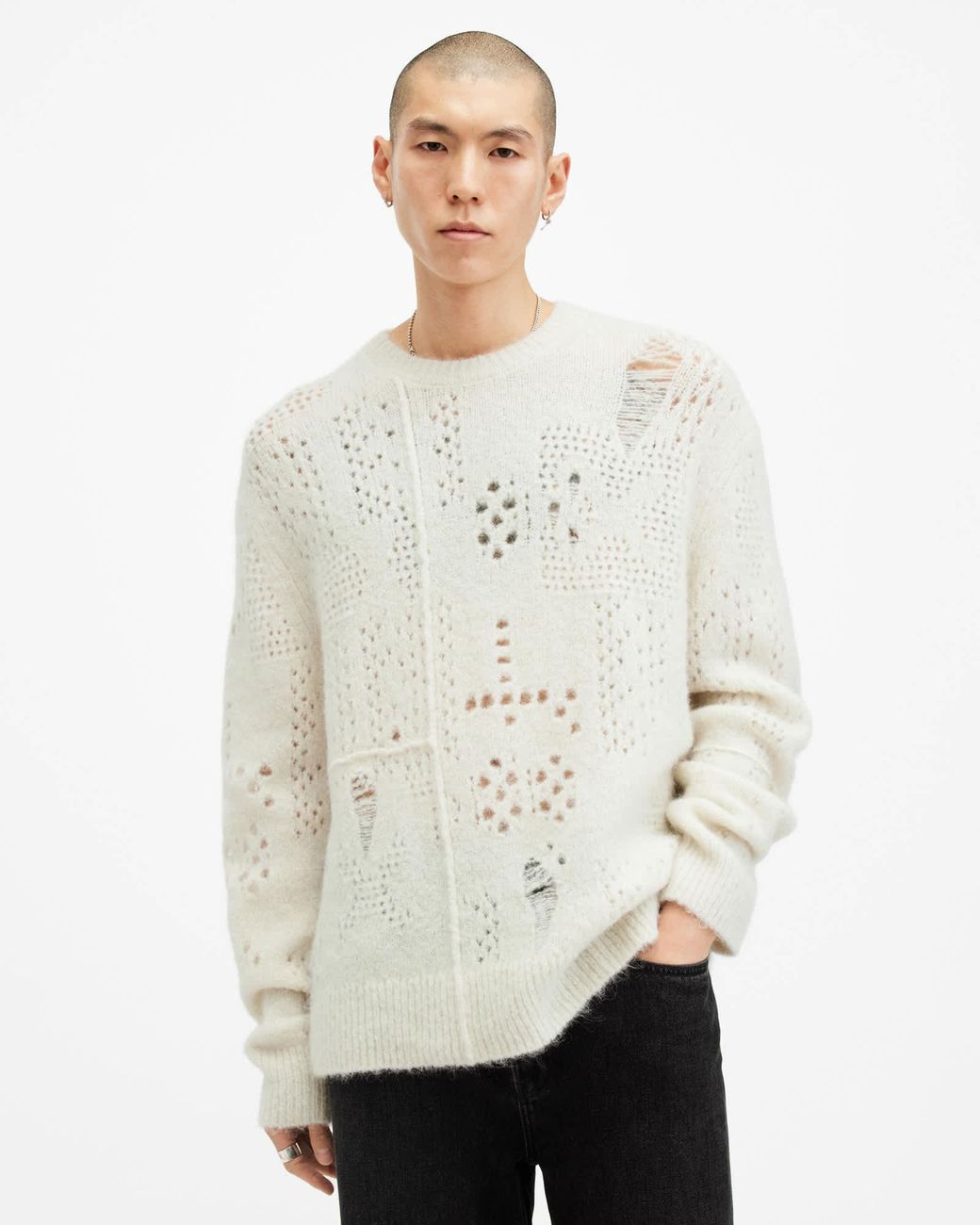 AllSaints White Hadwin Distressed Crew Neck Jumper for men
