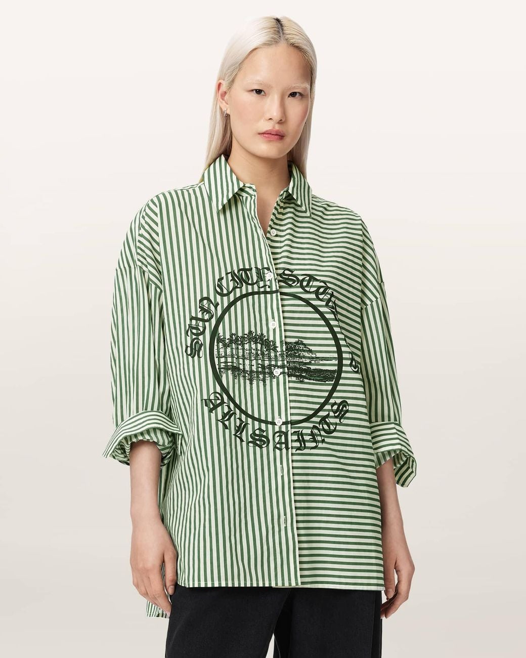 AllSaints Green Adrianne Relaxed Fit Striped Shirt