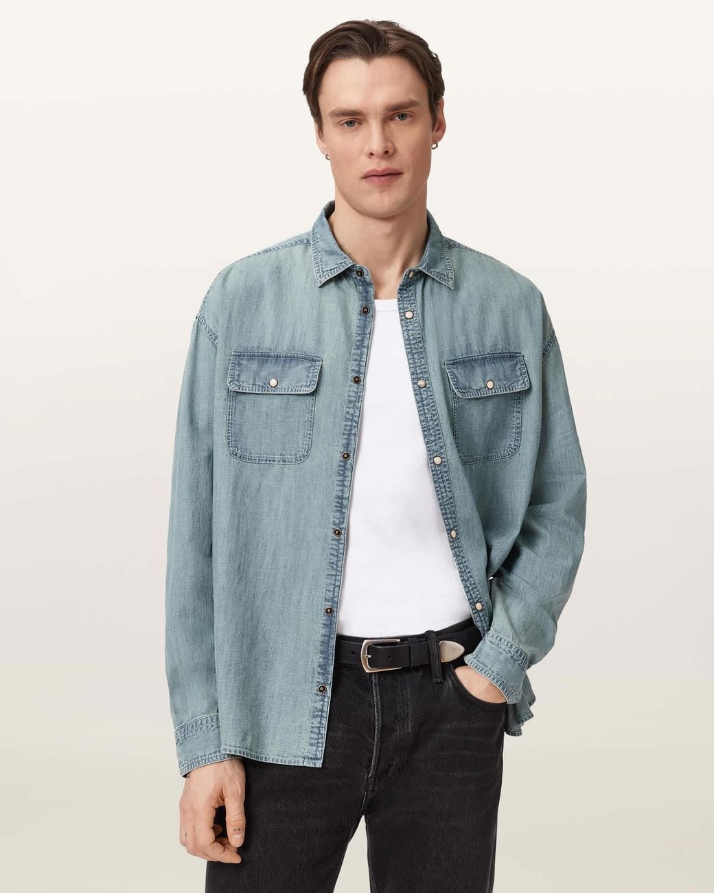 AllSaints Blue Gribbs Oversized Long Sleeve Shirt for men