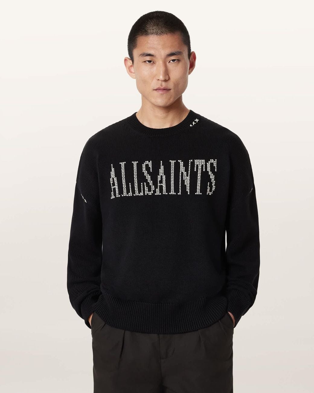 AllSaints Black Crossed Oversized Crew Neck Embroidered Jumper for men
