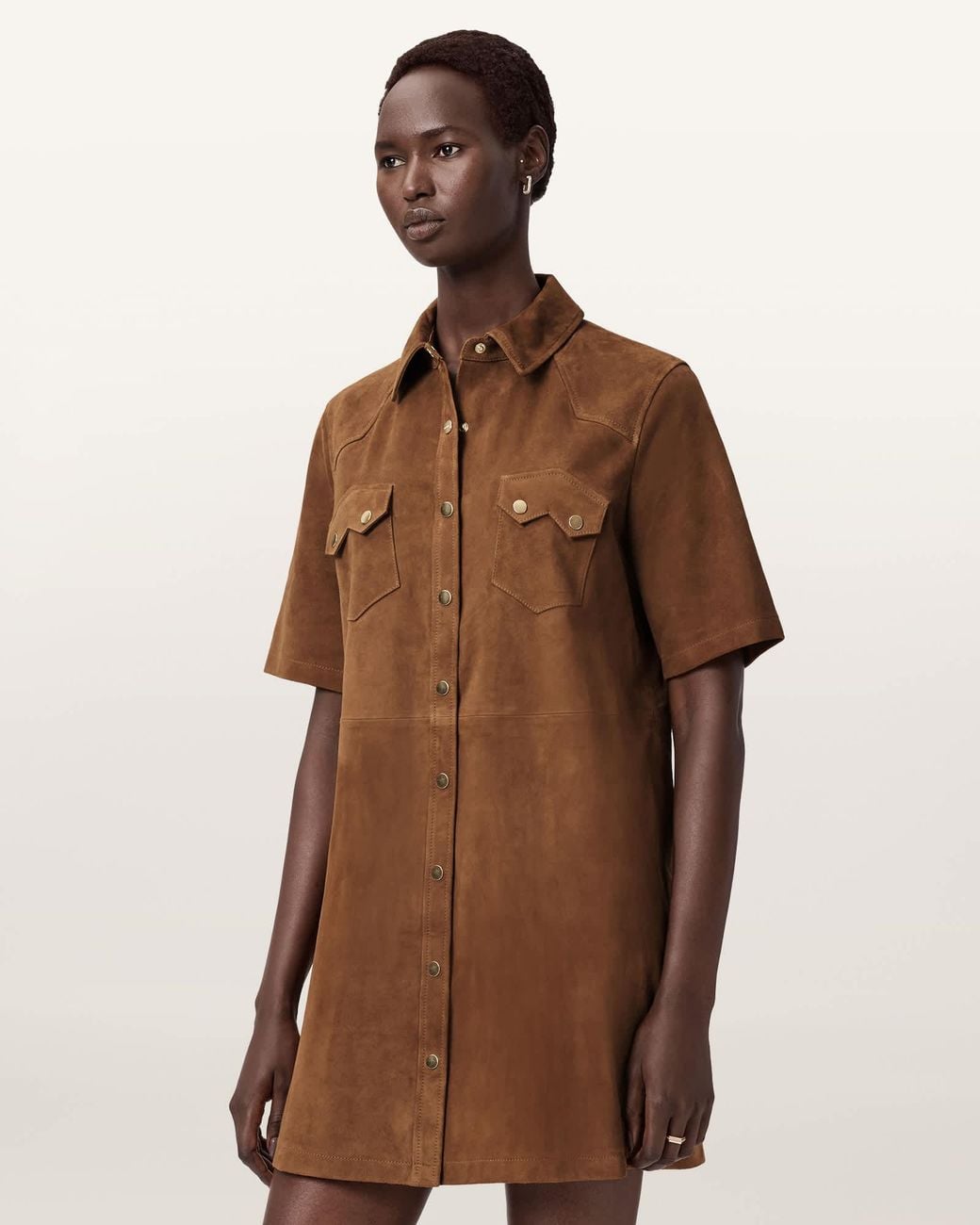 AllSaints Brown Rock Suede Mini Shirt Dress