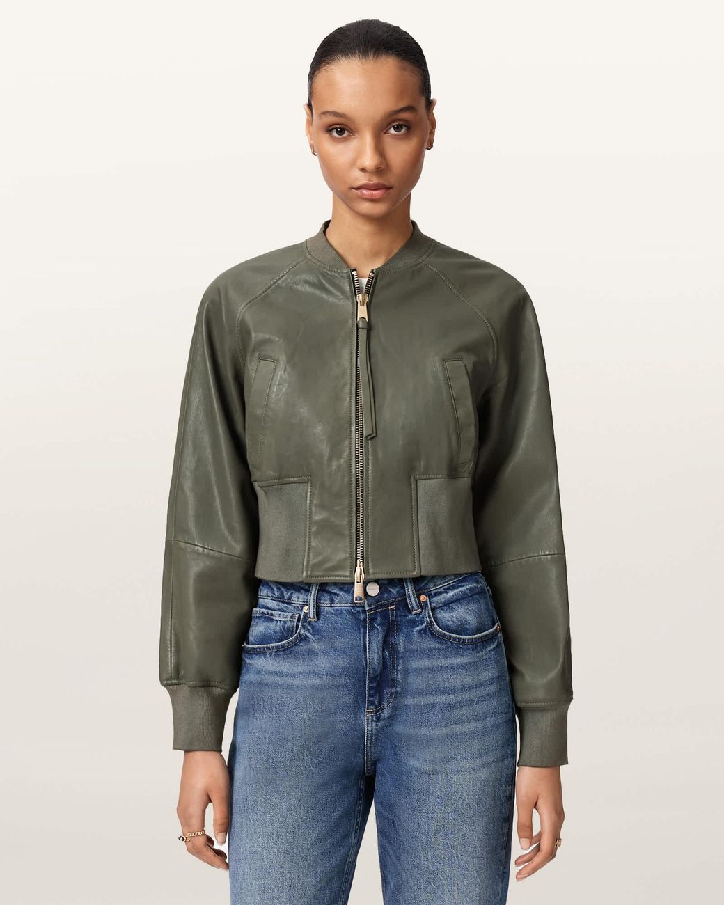 AllSaints Green Leather Suri Cropped Leather Bomber Jacket, /Us 2